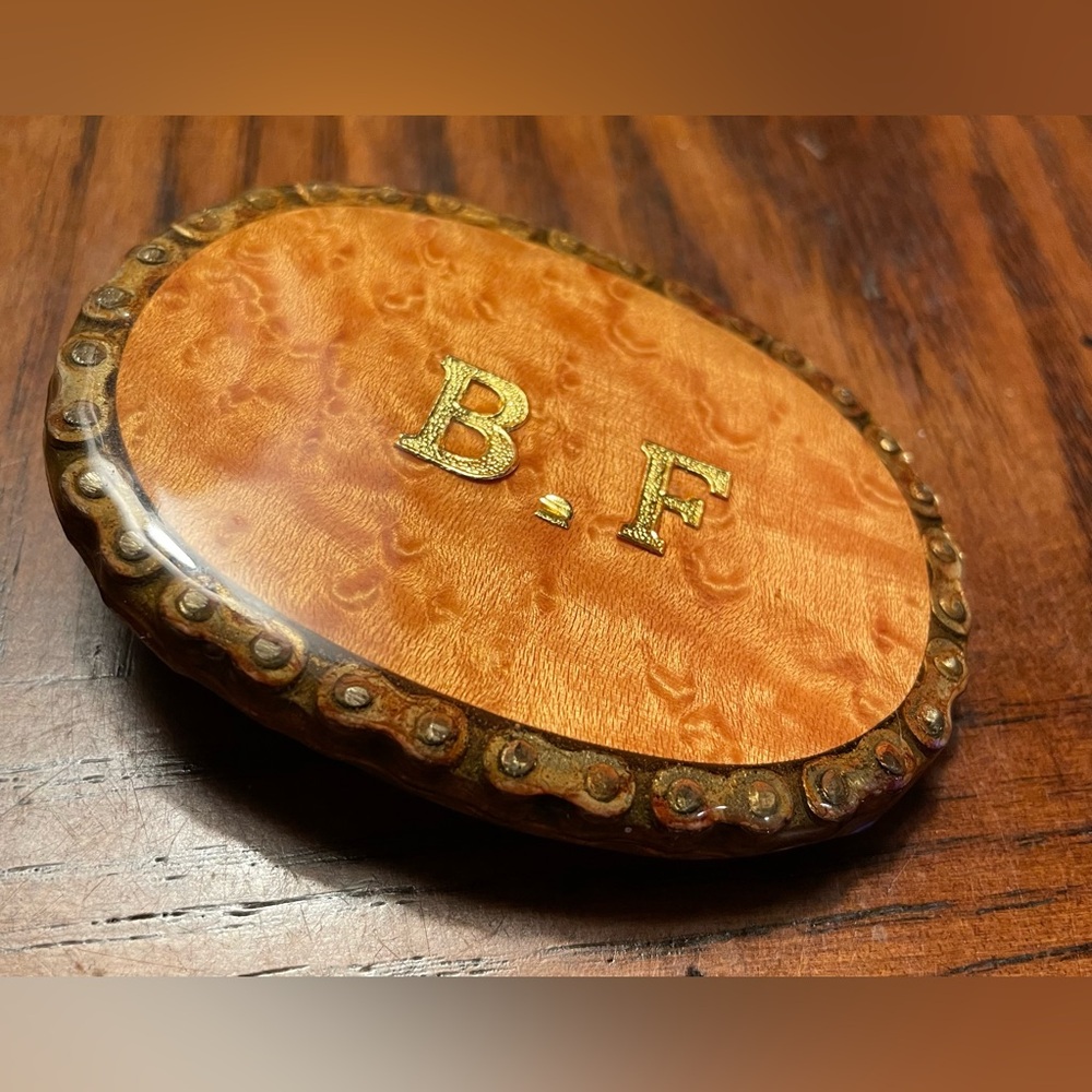B. F Wood Oval Belt Buckle Handcrafted Vintage No Markings